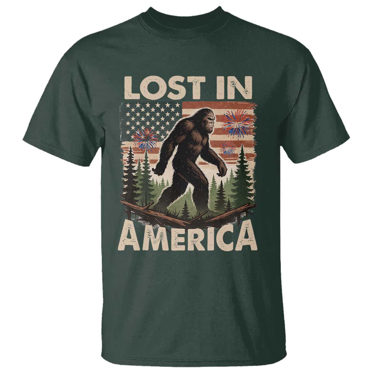 Funny 4th Of July Bigfoot Lost In America T Shirt Patriotic Sasquatch US Flag Fireworks TS11 Dark Forest Green Print Your Wear