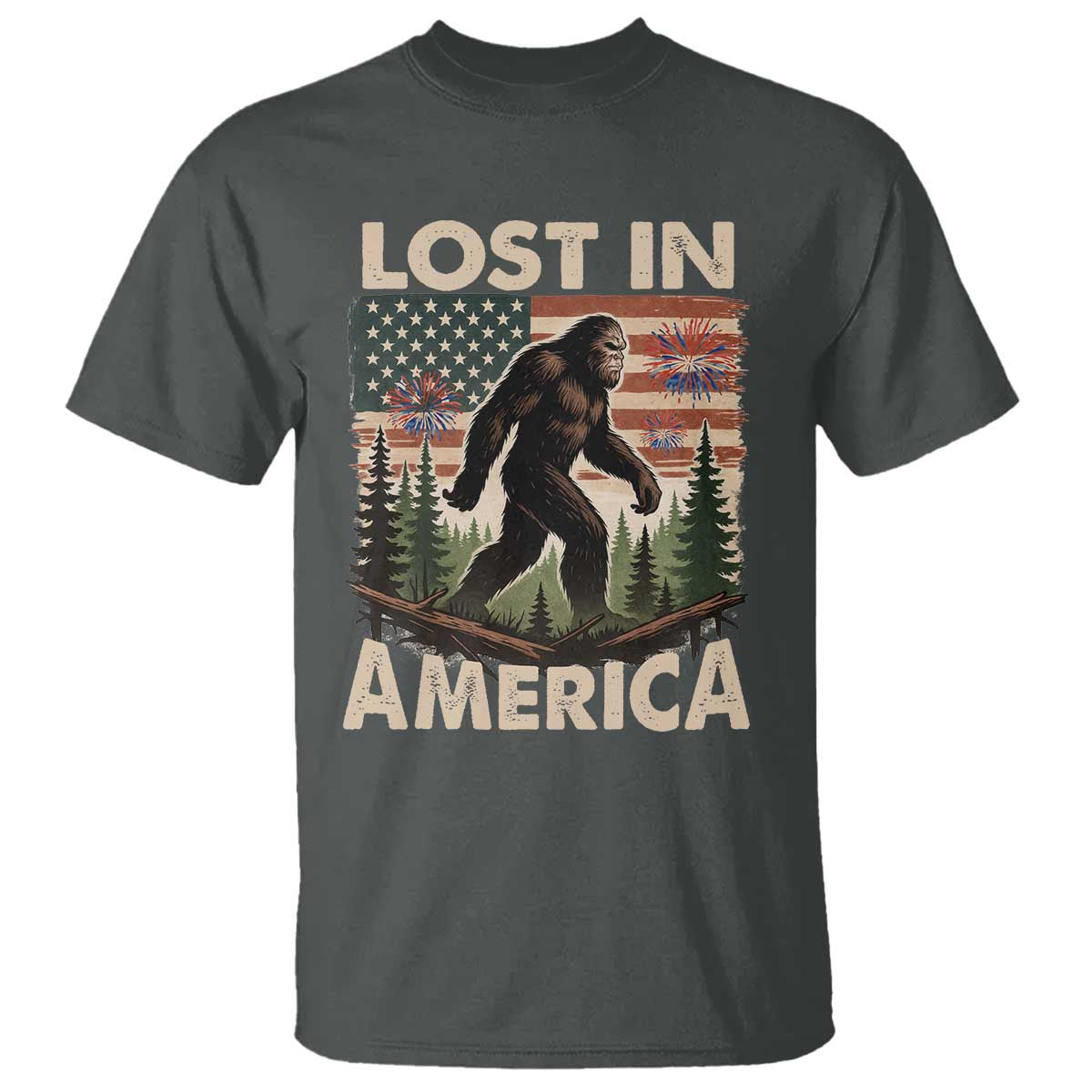 Funny 4th Of July Bigfoot Lost In America T Shirt Patriotic Sasquatch US Flag Fireworks TS11 Dark Heather Print Your Wear
