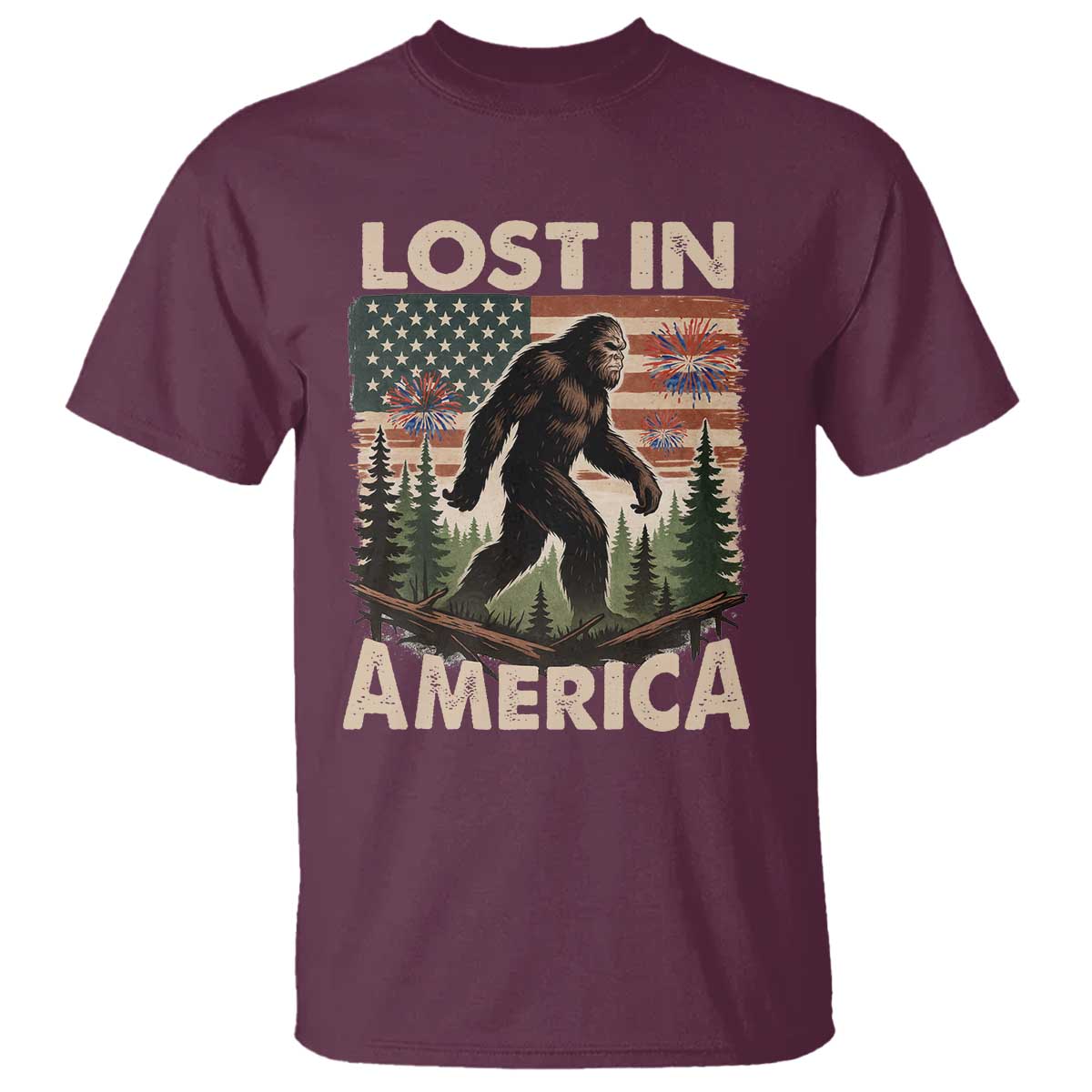 Funny 4th Of July Bigfoot Lost In America T Shirt Patriotic Sasquatch US Flag Fireworks TS11 Maroon Print Your Wear