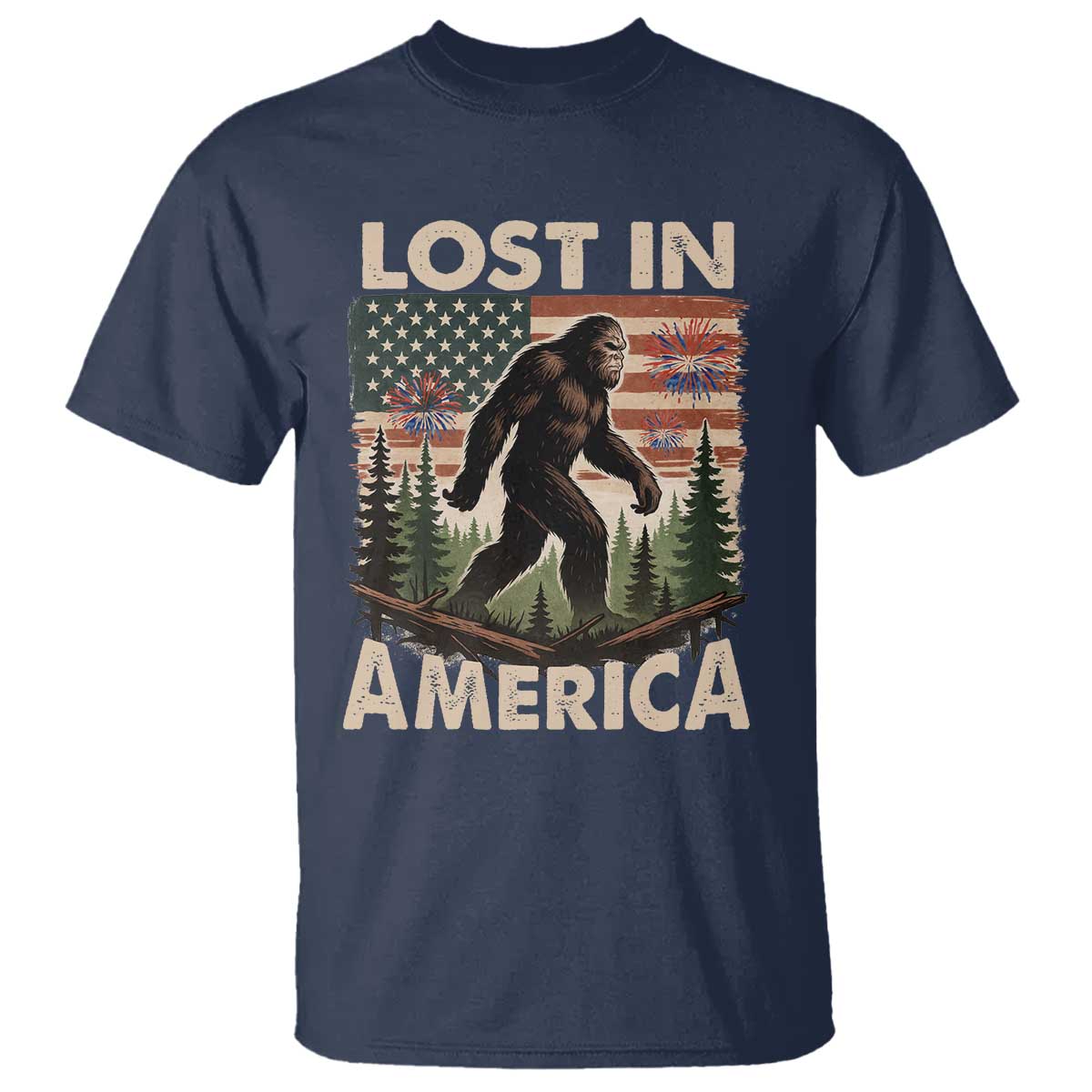 Funny 4th Of July Bigfoot Lost In America T Shirt Patriotic Sasquatch US Flag Fireworks TS11 Navy Print Your Wear
