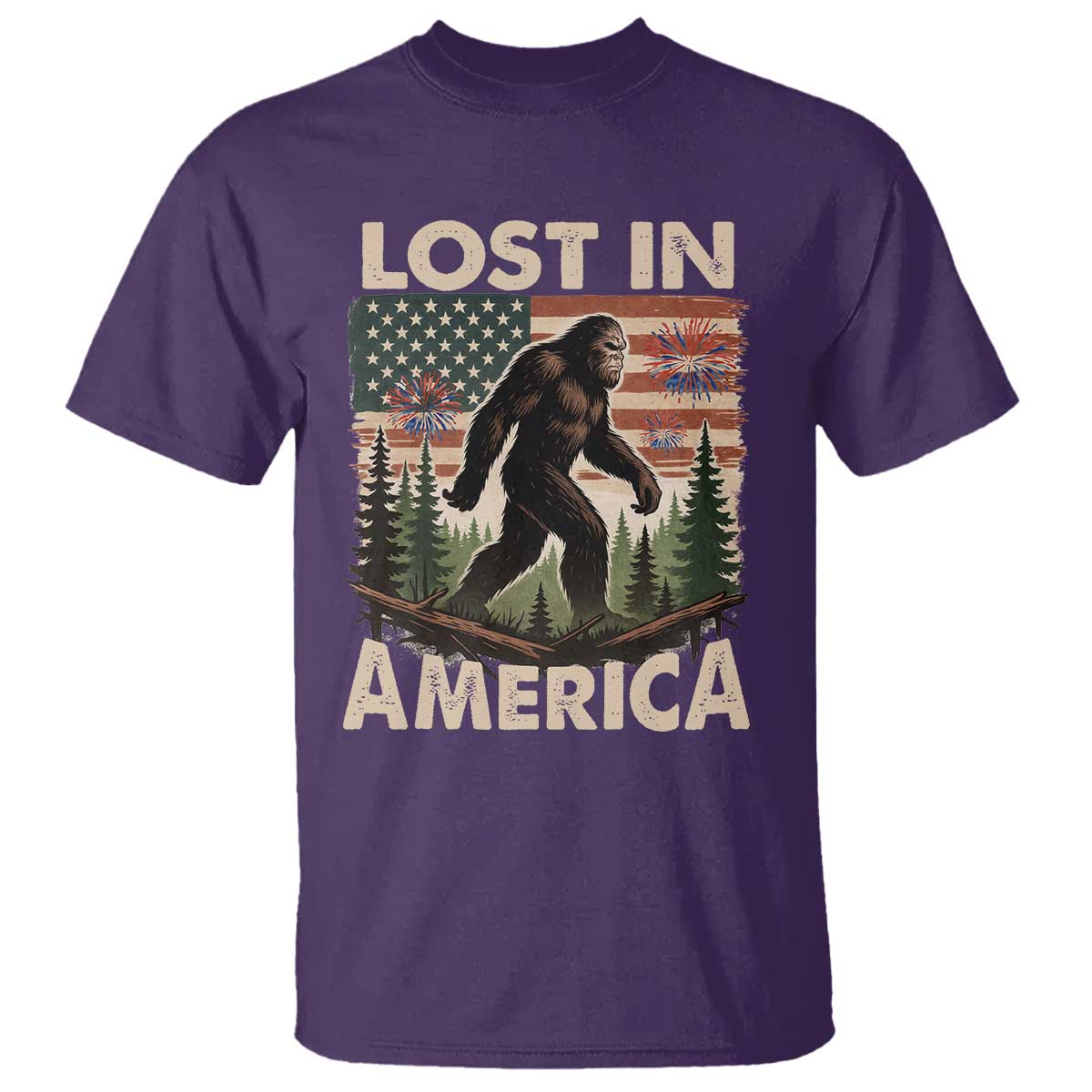 Funny 4th Of July Bigfoot Lost In America T Shirt Patriotic Sasquatch US Flag Fireworks TS11 Purple Print Your Wear