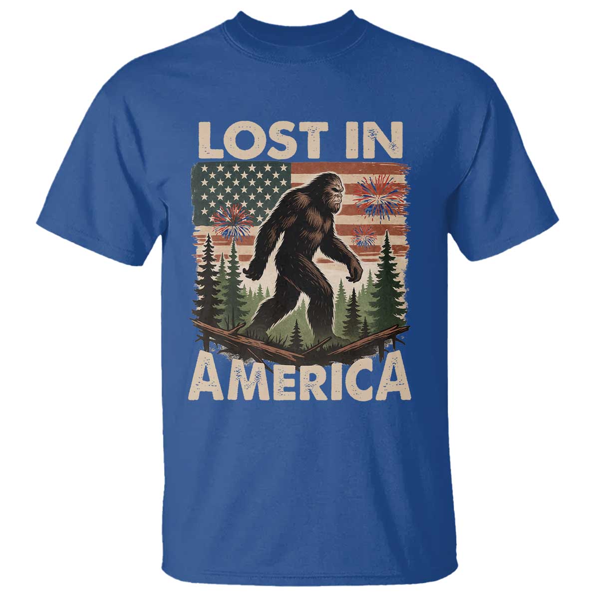 Funny 4th Of July Bigfoot Lost In America T Shirt Patriotic Sasquatch US Flag Fireworks TS11 Royal Blue Print Your Wear