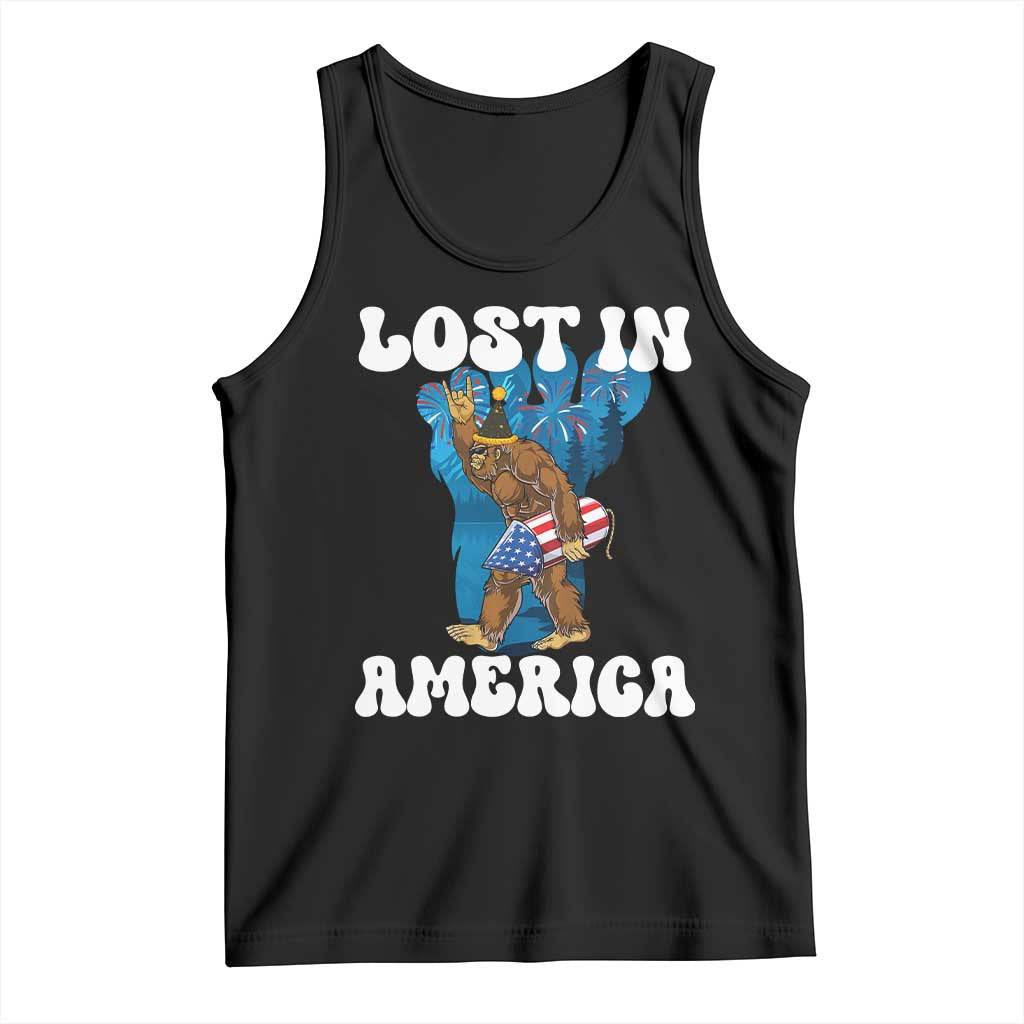Funny 4th Of July Bigfoot Lost In America Tank Top Patriotic Sasquatch Rocket Footprint Fireworks TS11 Black Print Your Wear