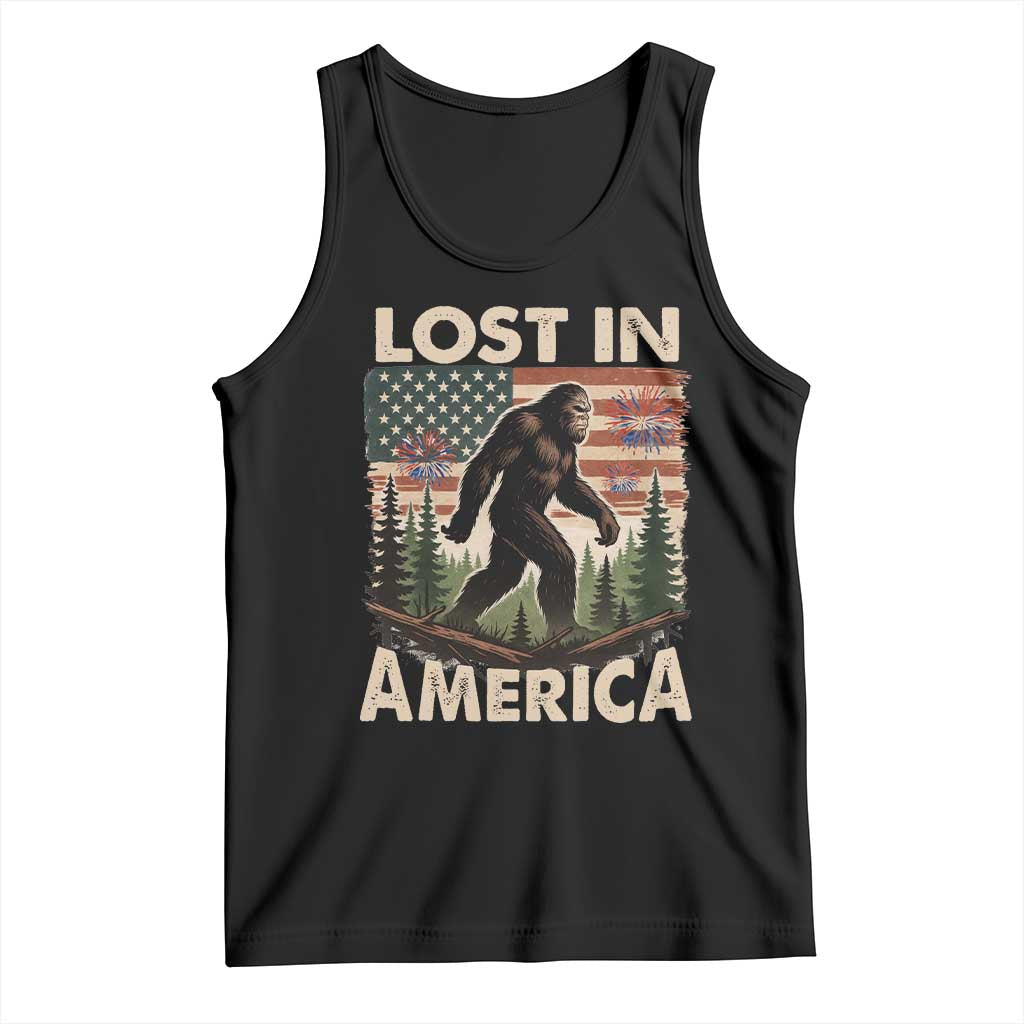 Funny 4th Of July Bigfoot Lost In America Tank Top Patriotic Sasquatch US Flag Fireworks TS11 Black Print Your Wear