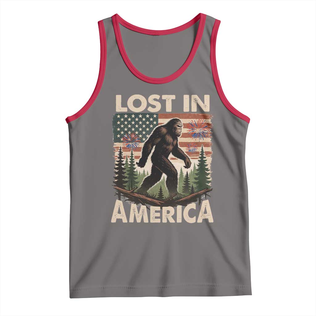 Funny 4th Of July Bigfoot Lost In America Tank Top Patriotic Sasquatch US Flag Fireworks TS11 Deep Heather Red Print Your Wear