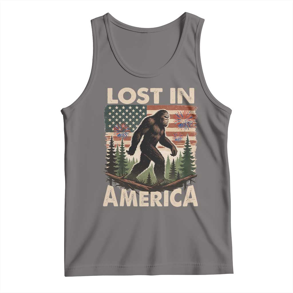 Funny 4th Of July Bigfoot Lost In America Tank Top Patriotic Sasquatch US Flag Fireworks TS11 Deep Heather Print Your Wear