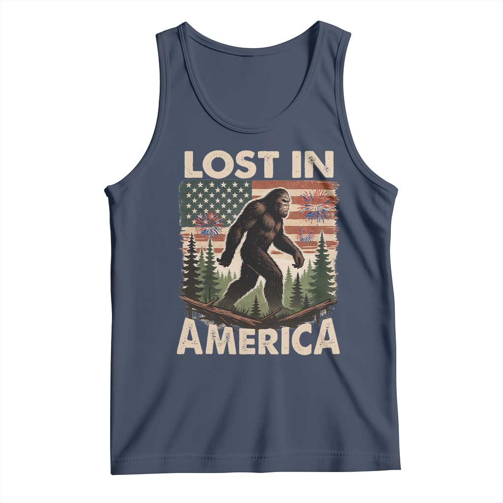 Funny 4th Of July Bigfoot Lost In America Tank Top Patriotic Sasquatch US Flag Fireworks TS11 Navy Print Your Wear