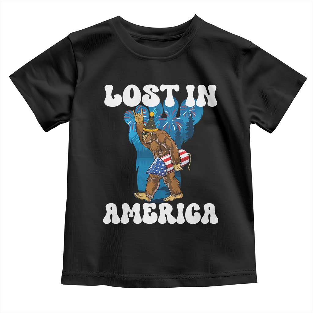 Funny 4th Of July Bigfoot Lost In America Toddler T Shirt Patriotic Sasquatch Rocket Footprint Fireworks TS11 Black Print Your Wear