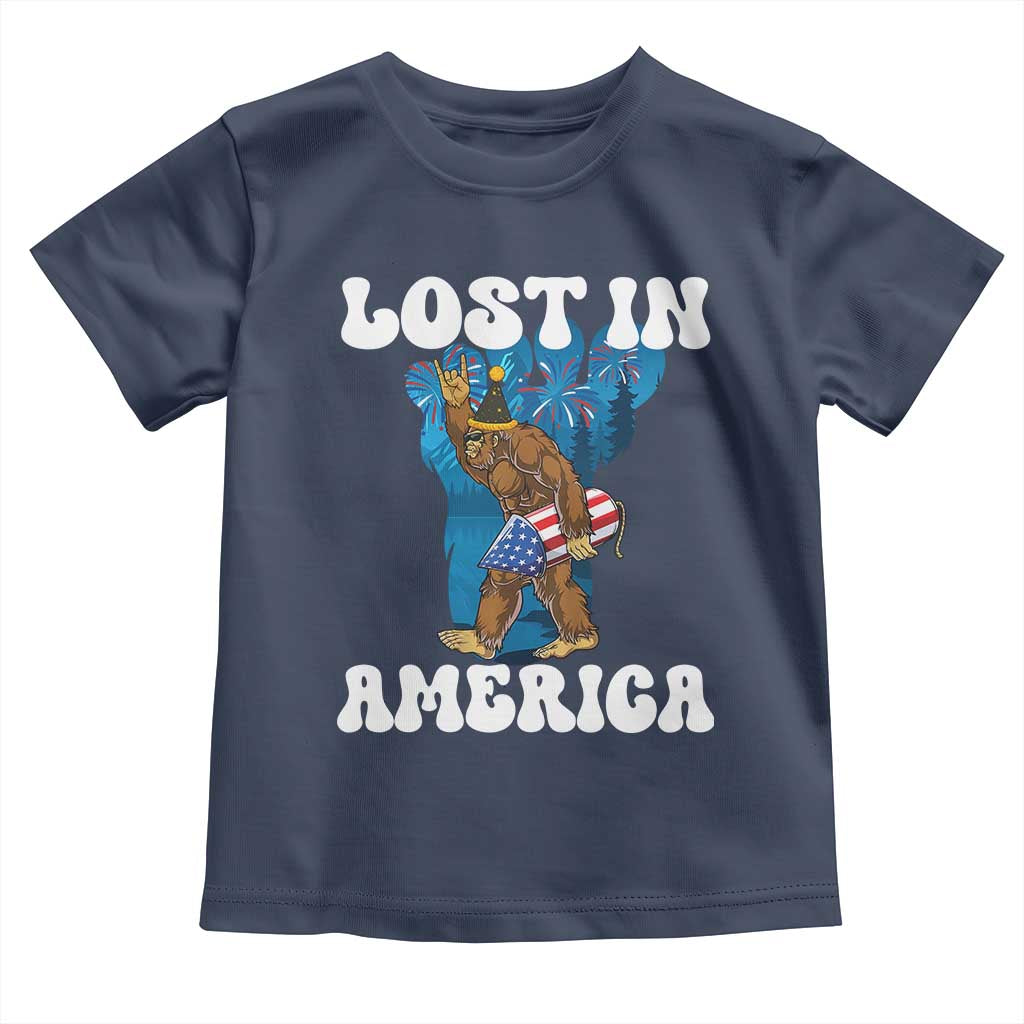 Funny 4th Of July Bigfoot Lost In America Toddler T Shirt Patriotic Sasquatch Rocket Footprint Fireworks TS11 Navy Print Your Wear