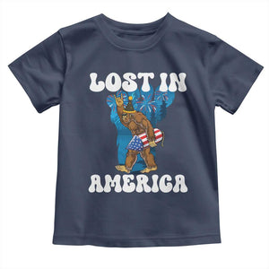 Funny 4th Of July Bigfoot Lost In America Toddler T Shirt Patriotic Sasquatch Rocket Footprint Fireworks TS11 Navy Print Your Wear