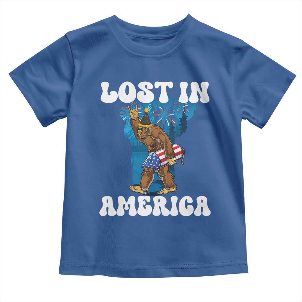 Funny 4th Of July Bigfoot Lost In America Toddler T Shirt Patriotic Sasquatch Rocket Footprint Fireworks TS11 Royal Blue Print Your Wear
