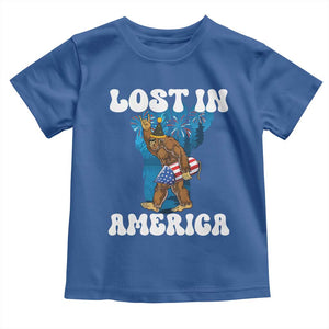 Funny 4th Of July Bigfoot Lost In America Toddler T Shirt Patriotic Sasquatch Rocket Footprint Fireworks TS11 Royal Blue Print Your Wear