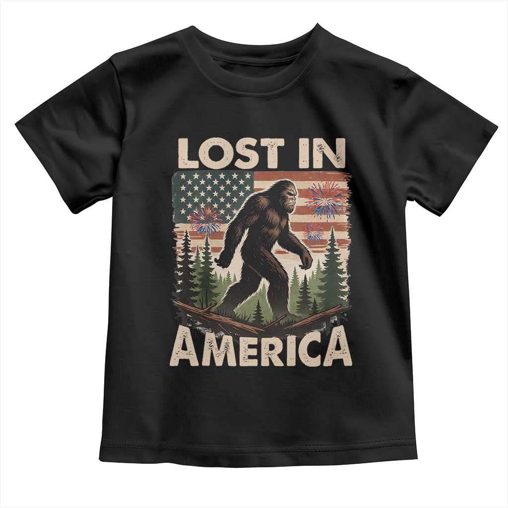 Funny 4th Of July Bigfoot Lost In America Toddler T Shirt Patriotic Sasquatch US Flag Fireworks TS11 Black Print Your Wear