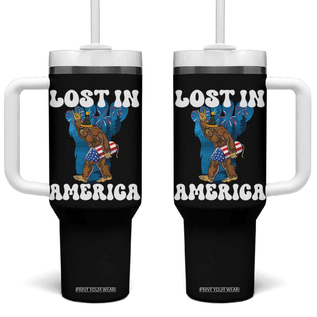 Funny 4th Of July Bigfoot Lost In America Tumbler With Handle Patriotic Sasquatch Rocket Footprint Fireworks TS11 One Size: 40 oz Black Print Your Wear