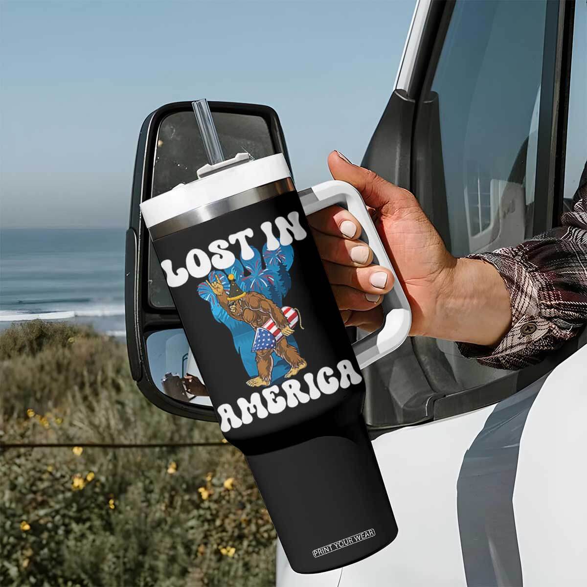 Funny 4th Of July Bigfoot Lost In America Tumbler With Handle Patriotic Sasquatch Rocket Footprint Fireworks TS11 Print Your Wear