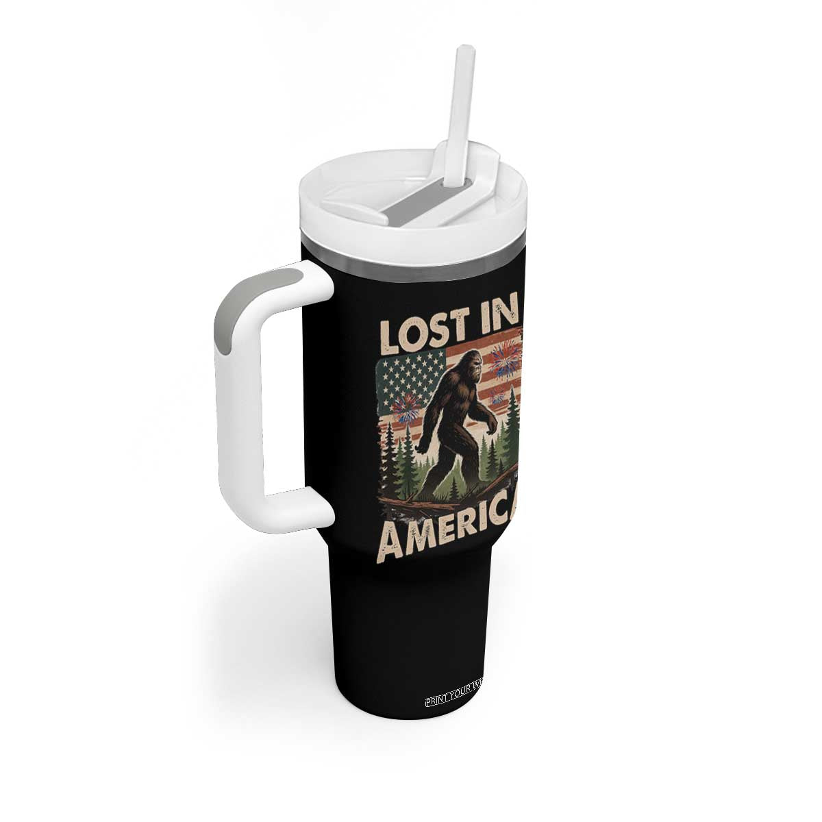 Funny 4th Of July Bigfoot Lost In America Tumbler With Handle Patriotic Sasquatch US Flag Fireworks TS11 Print Your Wear