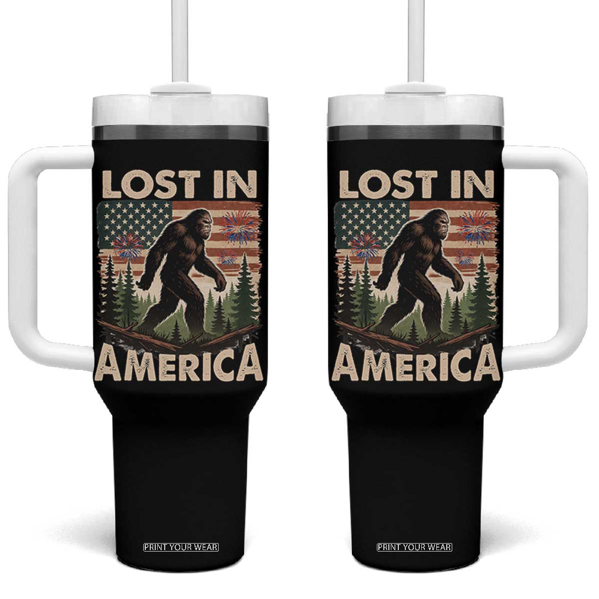 Funny 4th Of July Bigfoot Lost In America Tumbler With Handle Patriotic Sasquatch US Flag Fireworks TS11 One Size: 40 oz Black Print Your Wear