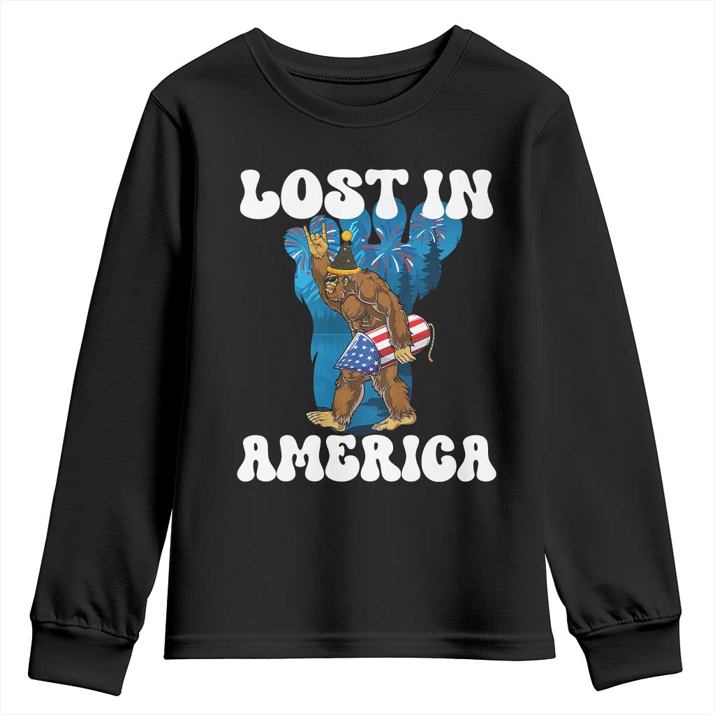 Funny 4th Of July Bigfoot Lost In America Youth Sweatshirt Patriotic Sasquatch Rocket Footprint Fireworks TS11 Black Print Your Wear