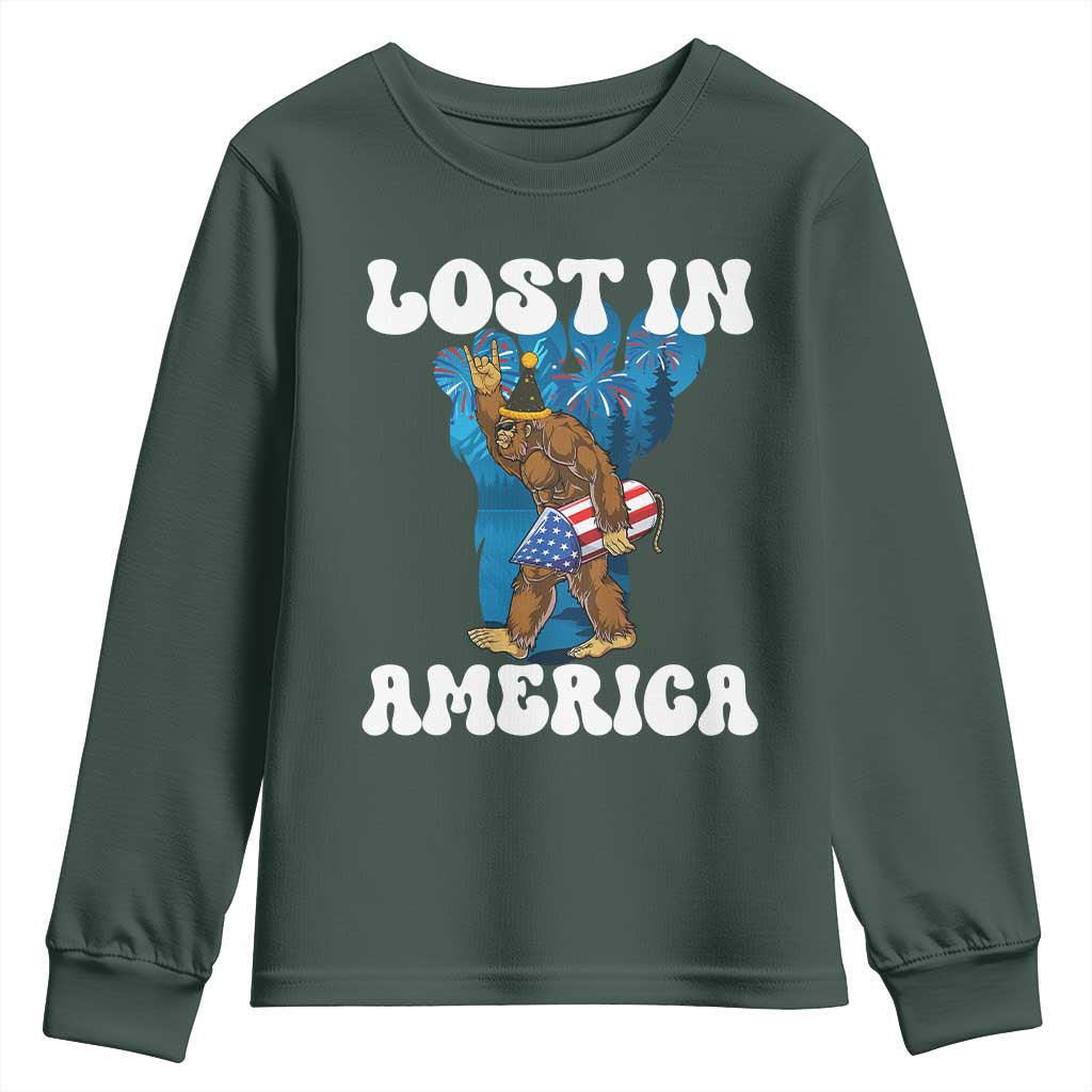 Funny 4th Of July Bigfoot Lost In America Youth Sweatshirt Patriotic Sasquatch Rocket Footprint Fireworks TS11 Dark Forest Green Print Your Wear