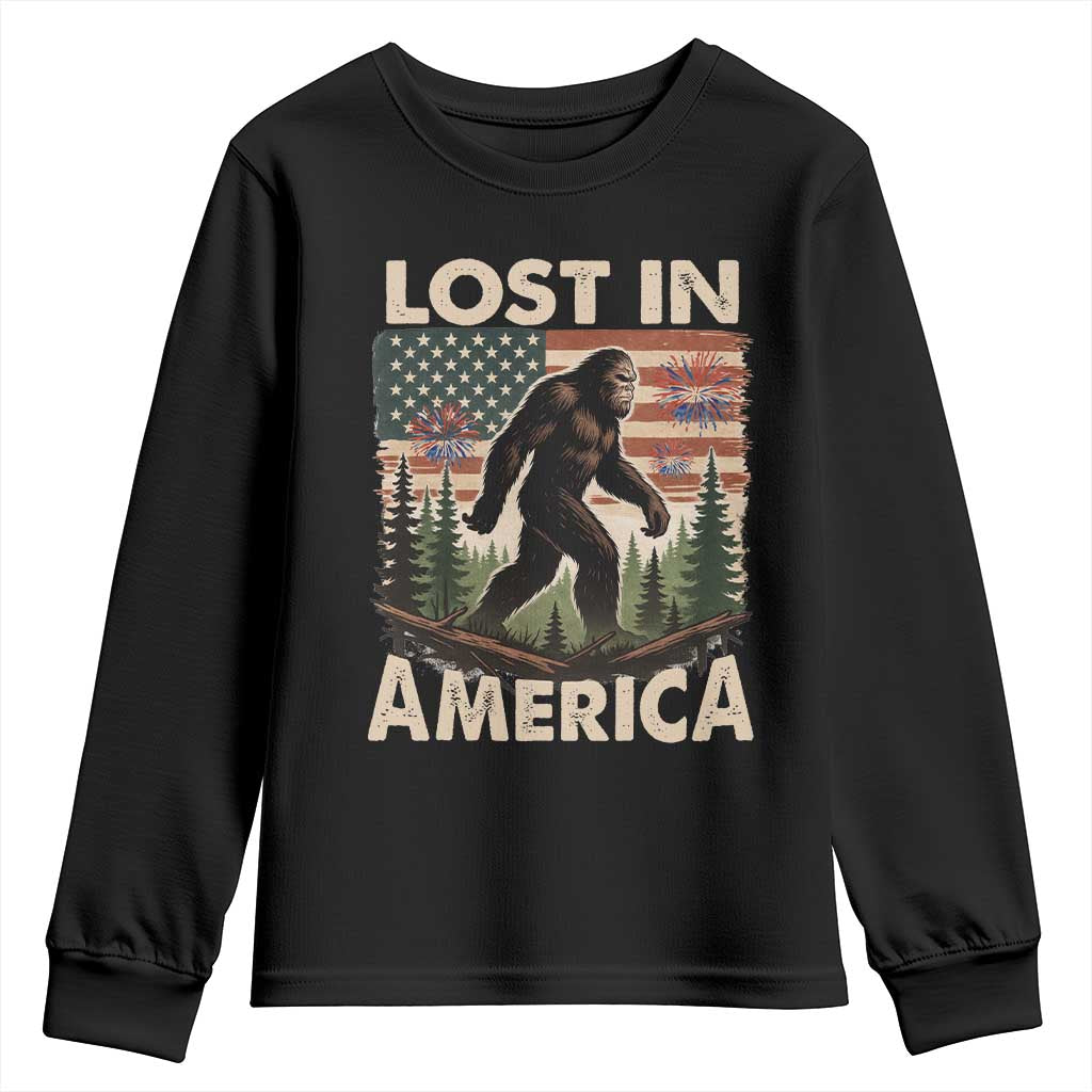 Funny 4th Of July Bigfoot Lost In America Youth Sweatshirt Patriotic Sasquatch US Flag Fireworks TS11 Black Print Your Wear