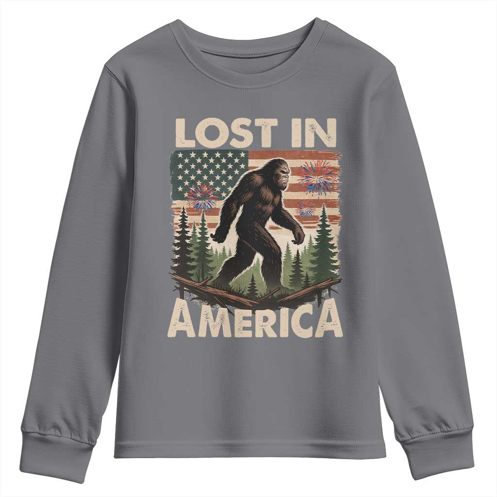 Funny 4th Of July Bigfoot Lost In America Youth Sweatshirt Patriotic Sasquatch US Flag Fireworks TS11 Charcoal Print Your Wear