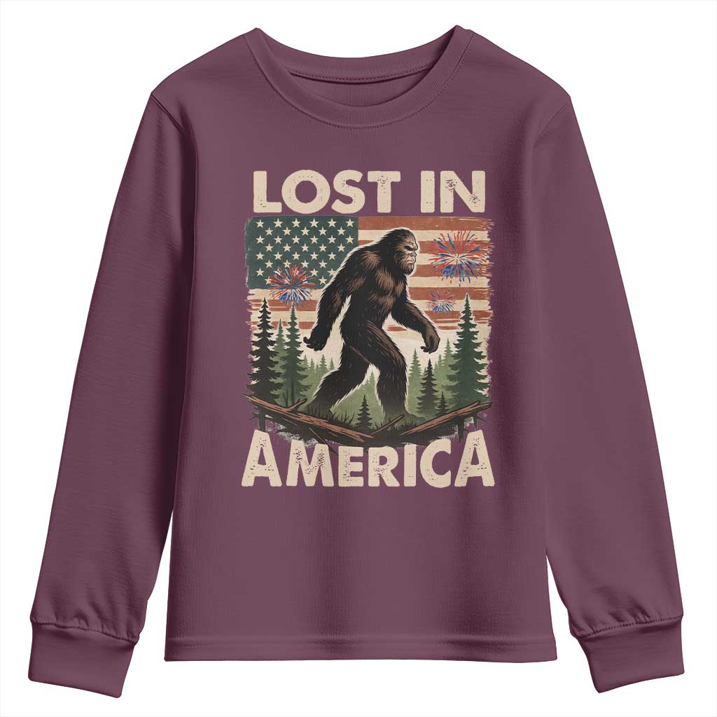Funny 4th Of July Bigfoot Lost In America Youth Sweatshirt Patriotic Sasquatch US Flag Fireworks TS11 Maroon Print Your Wear