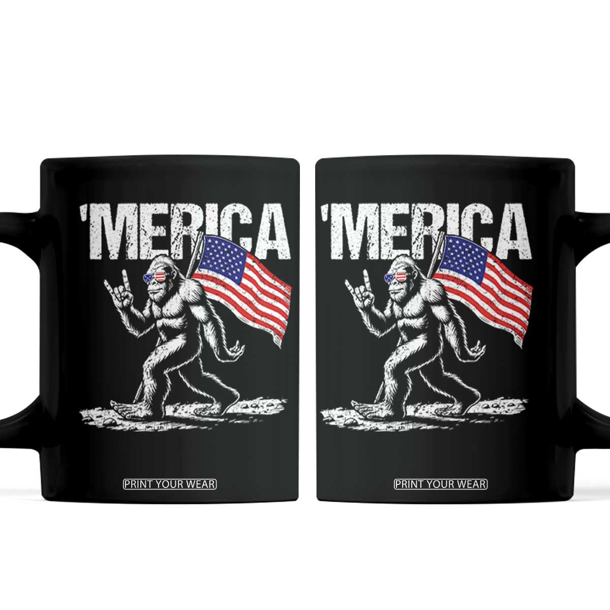 Funny 4th Of July Bigfoot Merica Coffee Mug Patriotic Sasquatch American US Flag TS11 Black Print Your Wear