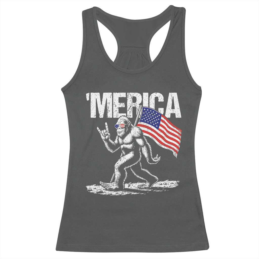 Funny 4th Of July Bigfoot Merica Racerback Tank Top Patriotic Sasquatch American US Flag TS11 Dark Heather Print Your Wear