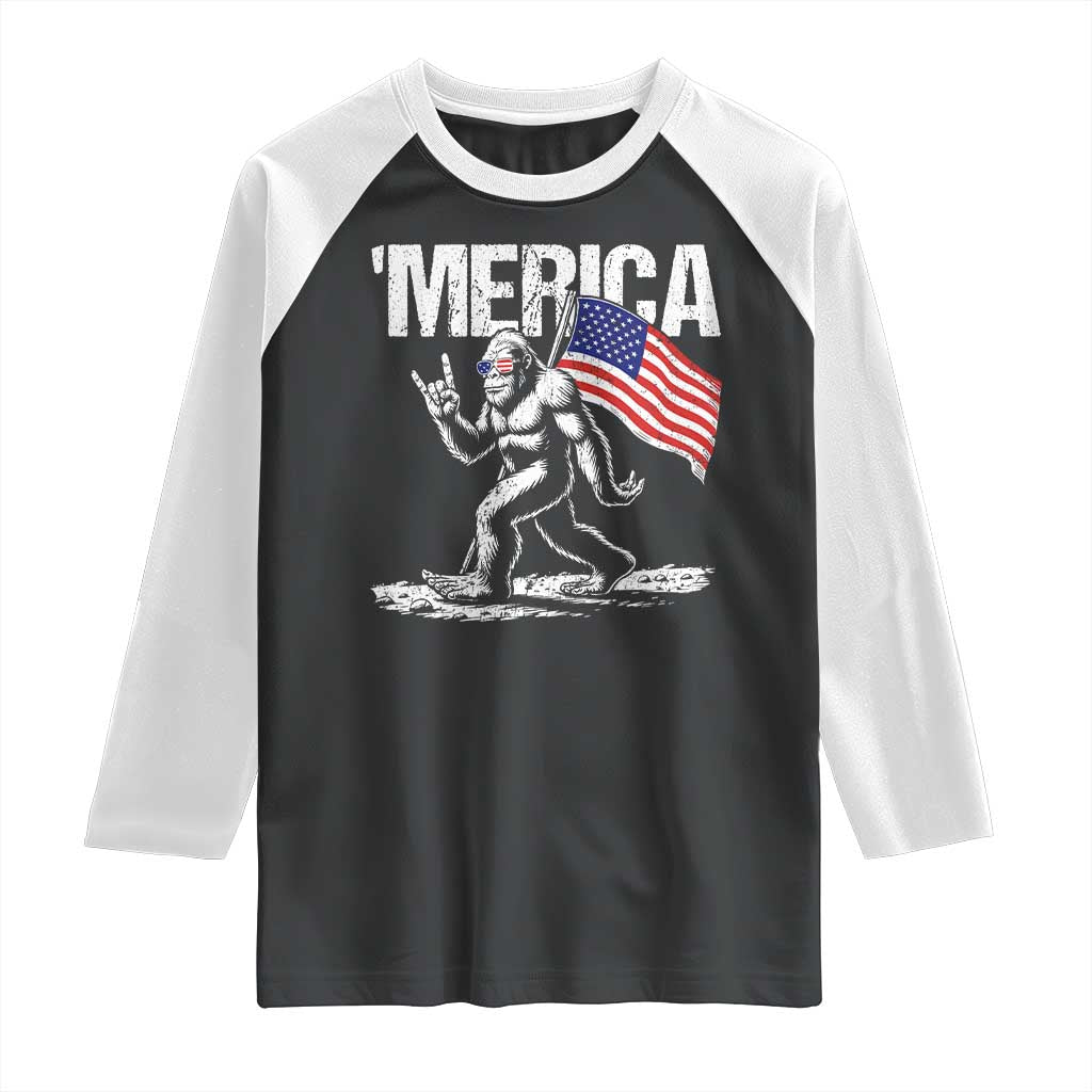 Funny 4th Of July Bigfoot Merica Raglan Shirt Patriotic Sasquatch American US Flag TS11 Black White Print Your Wear
