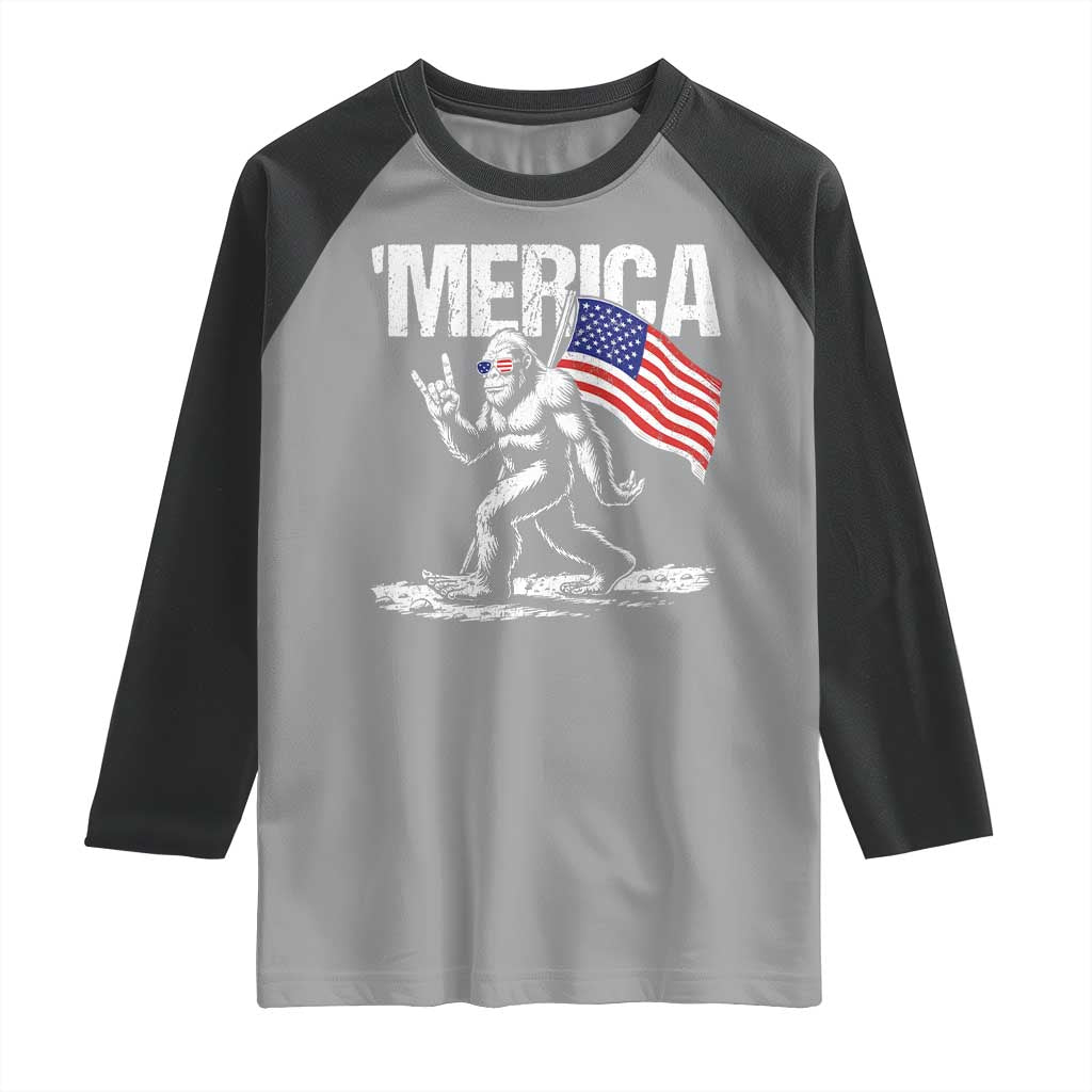 Funny 4th Of July Bigfoot Merica Raglan Shirt Patriotic Sasquatch American US Flag TS11 Sport Gray Black Print Your Wear