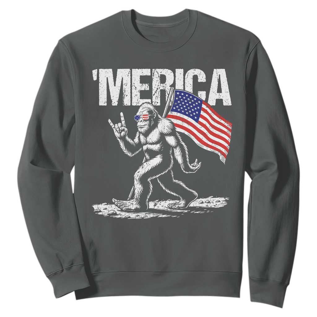 Funny 4th Of July Bigfoot Merica Sweatshirt Patriotic Sasquatch American US Flag TS11 Dark Heather Print Your Wear