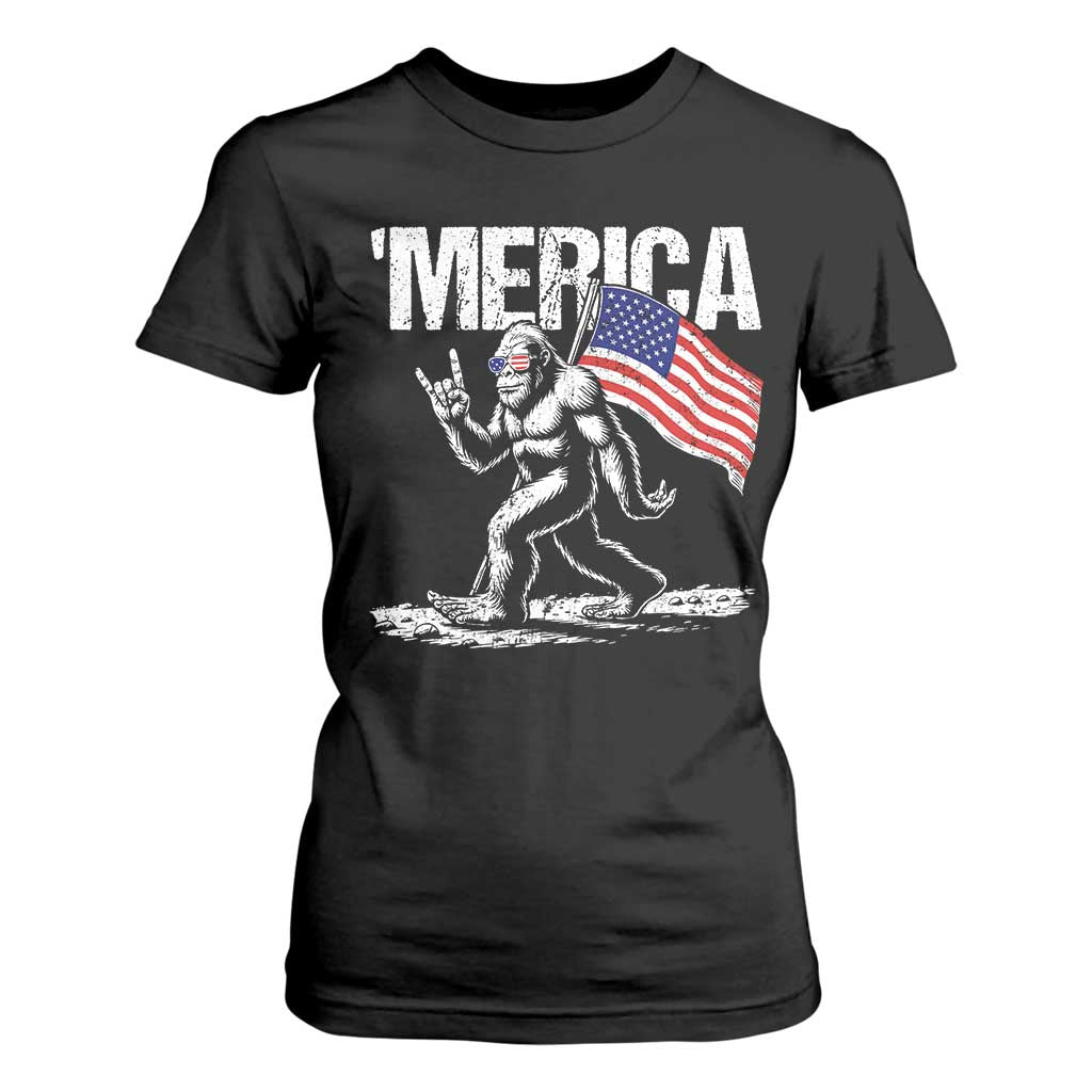 Funny 4th Of July Bigfoot Merica T Shirt For Women Patriotic Sasquatch American US Flag TS11 Black Print Your Wear