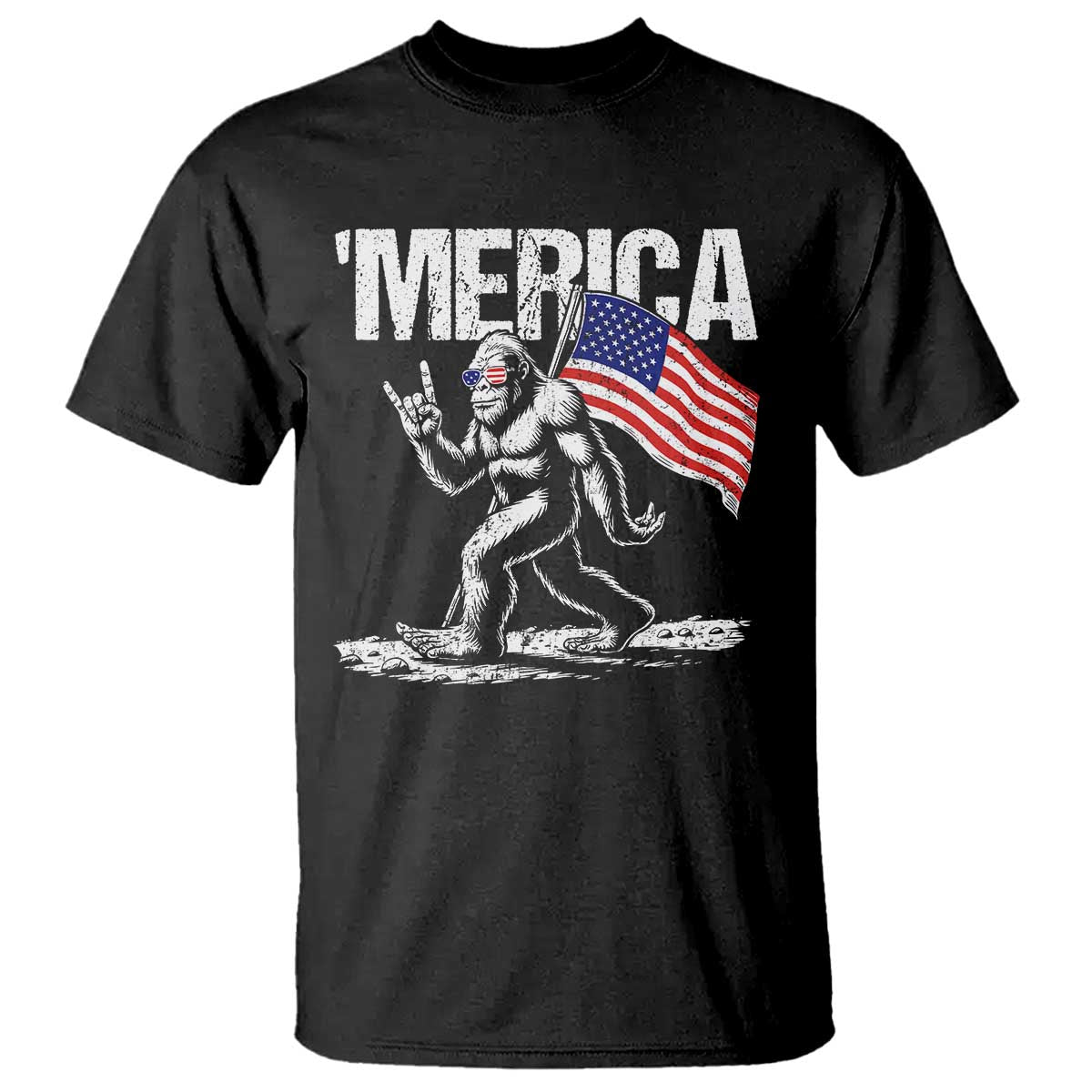 Funny 4th Of July Bigfoot Merica T Shirt Patriotic Sasquatch American US Flag TS11 Black Print Your Wear