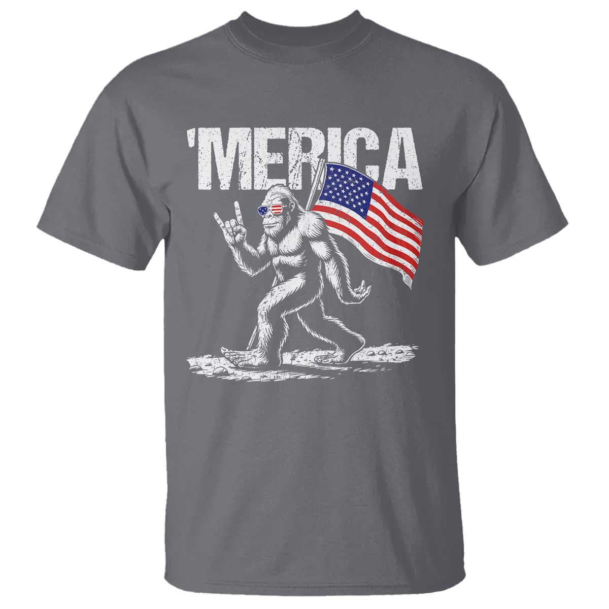 Funny 4th Of July Bigfoot Merica T Shirt Patriotic Sasquatch American US Flag TS11 Charcoal Print Your Wear
