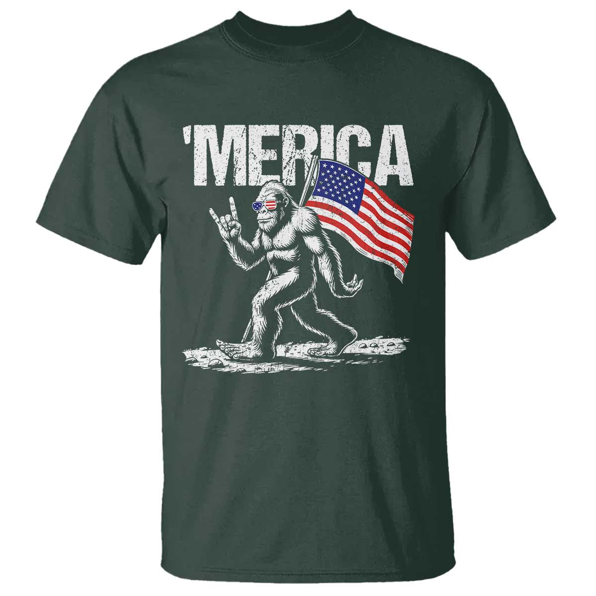 Funny 4th Of July Bigfoot Merica T Shirt Patriotic Sasquatch American US Flag TS11 Dark Forest Green Print Your Wear