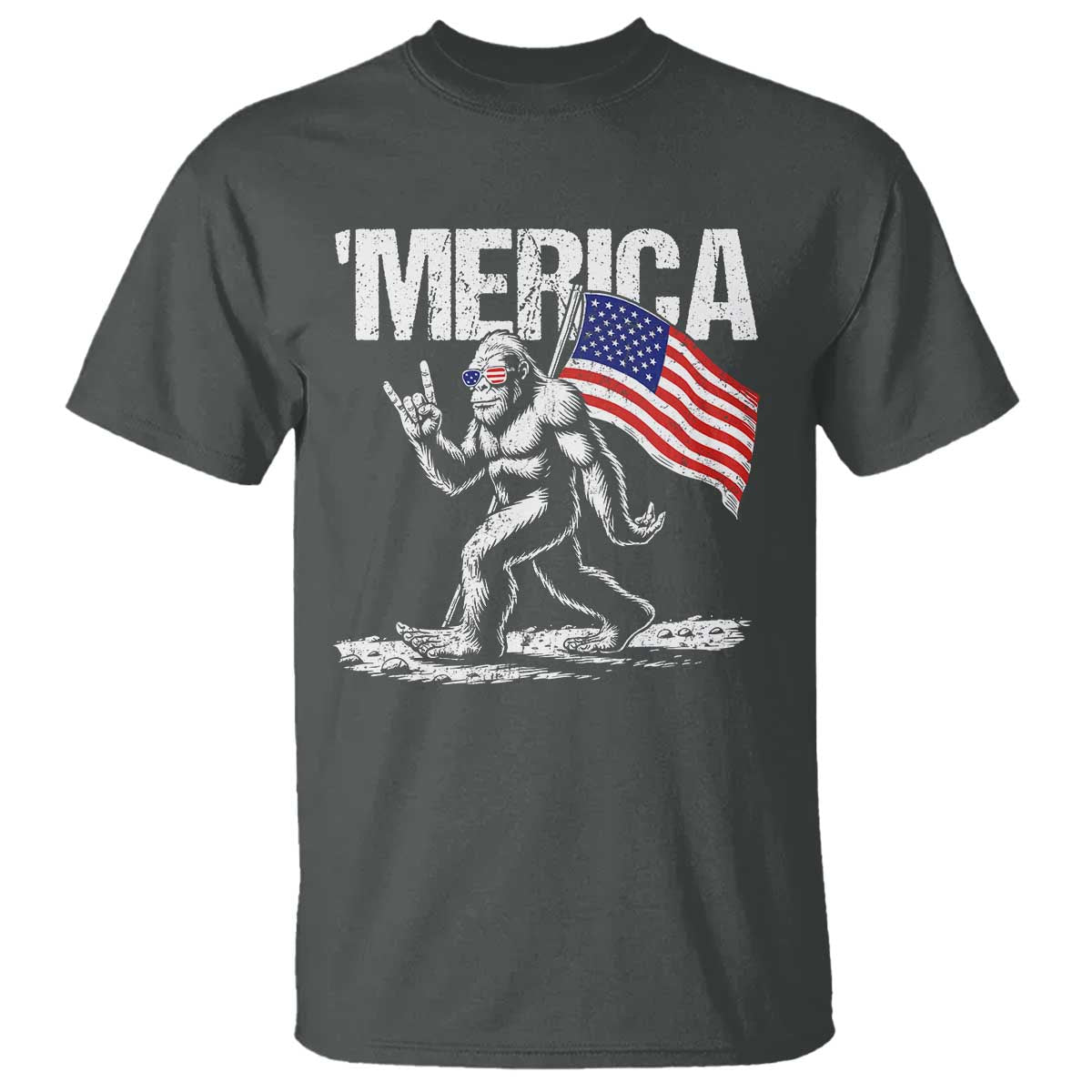 Funny 4th Of July Bigfoot Merica T Shirt Patriotic Sasquatch American US Flag TS11 Dark Heather Print Your Wear