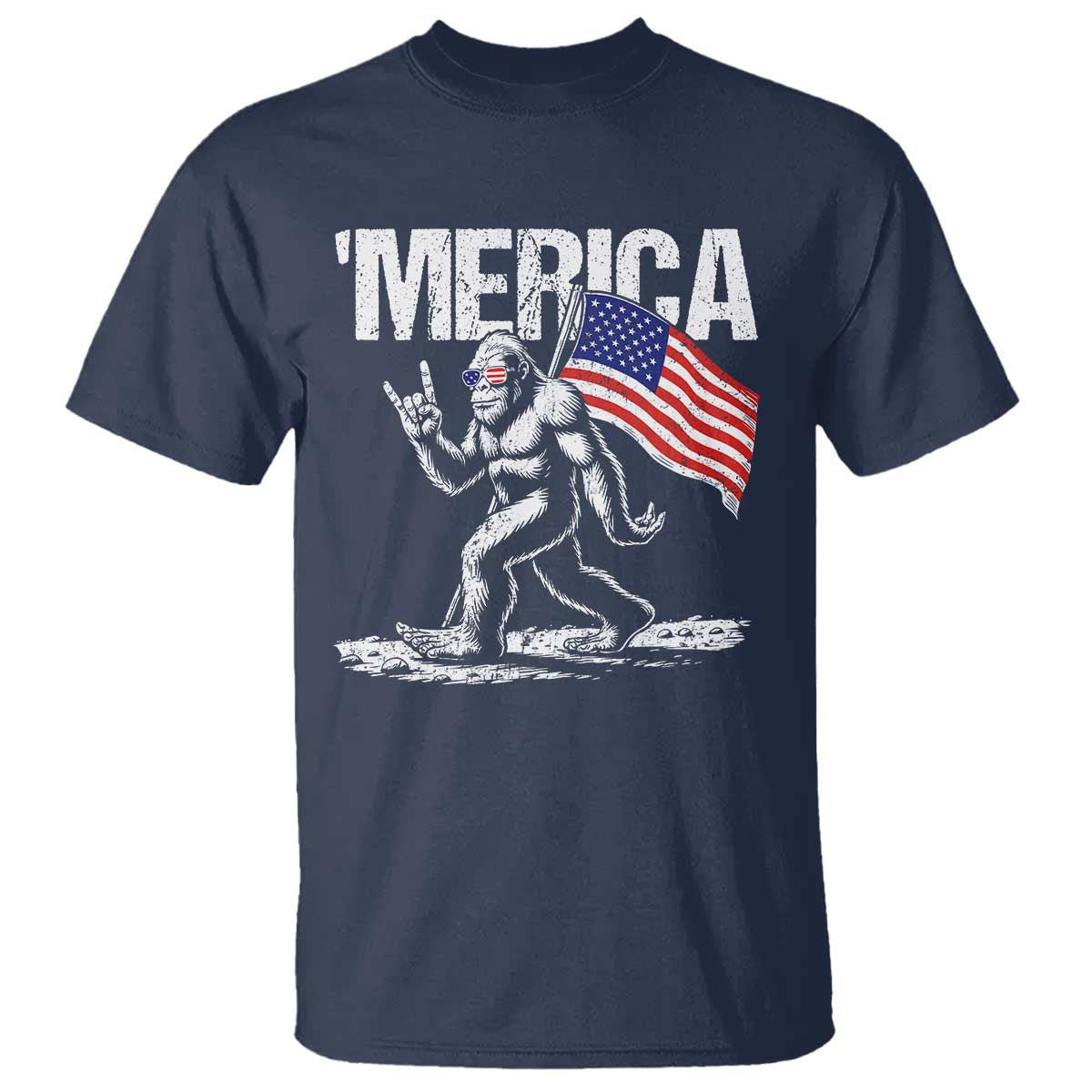 Funny 4th Of July Bigfoot Merica T Shirt Patriotic Sasquatch American US Flag TS11 Navy Print Your Wear