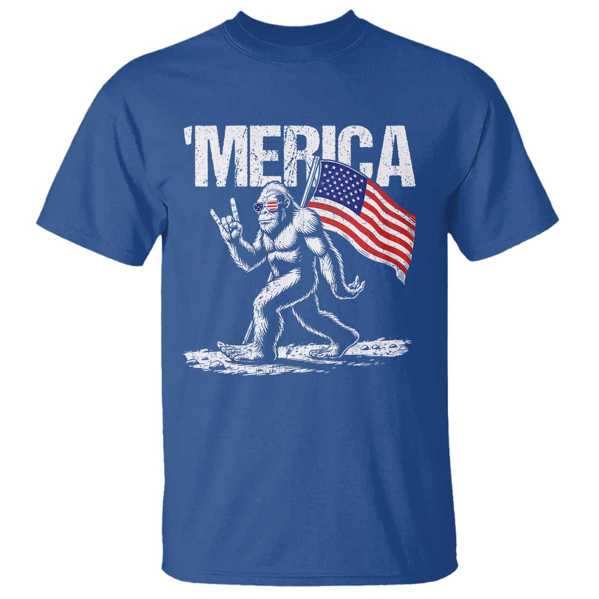 Funny 4th Of July Bigfoot Merica T Shirt Patriotic Sasquatch American US Flag TS11 Royal Blue Print Your Wear