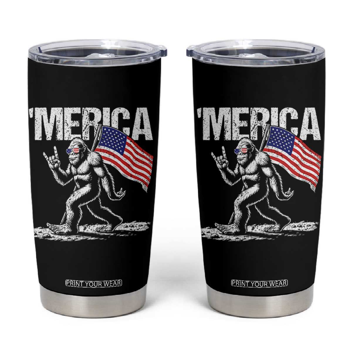 Funny 4th Of July Bigfoot Merica Tumbler Cup Patriotic Sasquatch American US Flag TS11 Black Print Your Wear