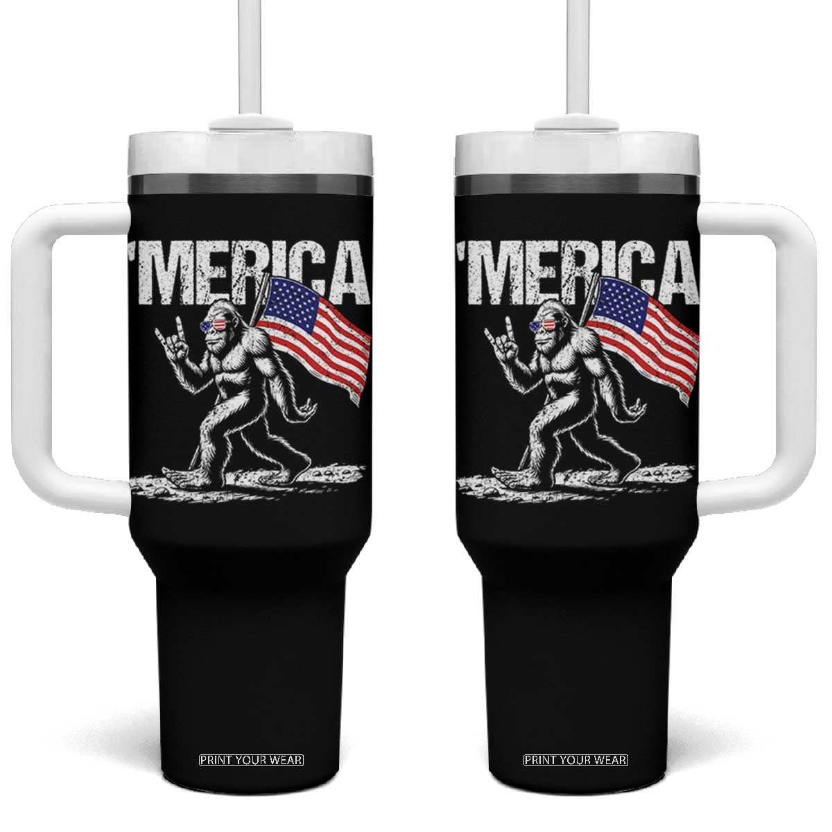 Funny 4th Of July Bigfoot Merica Tumbler With Handle Patriotic Sasquatch American US Flag TS11 One Size: 40 oz Black Print Your Wear