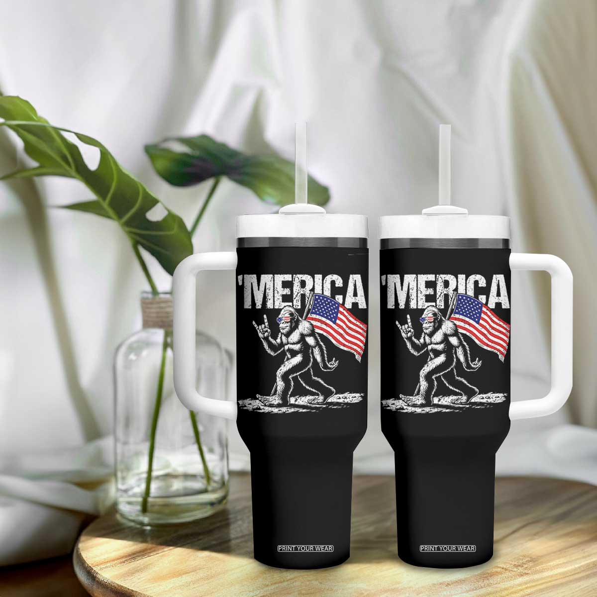 Funny 4th Of July Bigfoot Merica Tumbler With Handle Patriotic Sasquatch American US Flag TS11 Print Your Wear