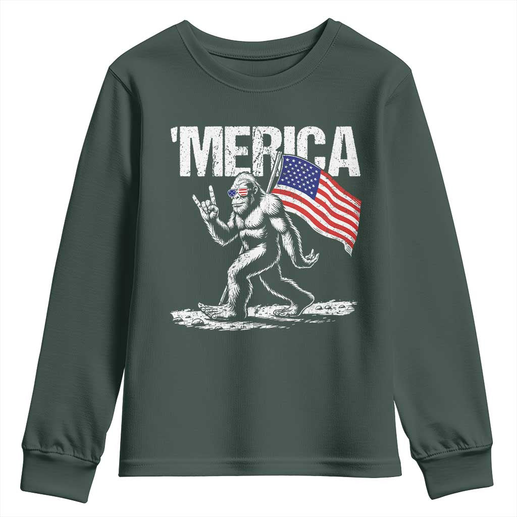 Funny 4th Of July Bigfoot Merica Youth Sweatshirt Patriotic Sasquatch American US Flag TS11 Dark Forest Green Print Your Wear