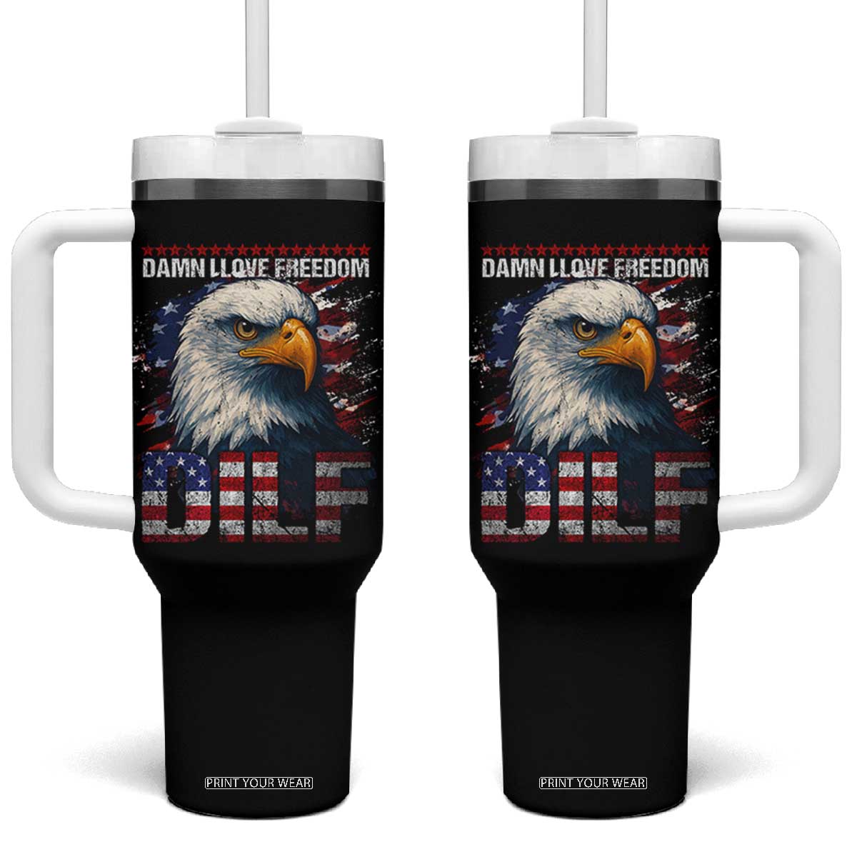 Funny 4th Of July DILF Damn I Love Freedom Tumbler With Handle Vintage Bald Eagle 4th Of July TS11 One Size: 40 oz Black Print Your Wear