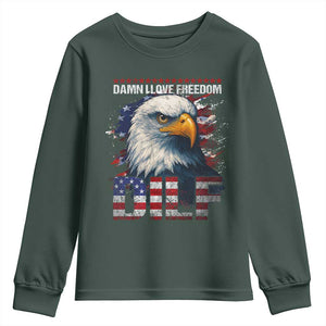 Funny 4th Of July DILF Damn I Love Freedom Youth Sweatshirt Vintage Bald Eagle 4th Of July TS11 Dark Forest Green Print Your Wear