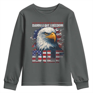 Funny 4th Of July DILF Damn I Love Freedom Youth Sweatshirt Vintage Bald Eagle 4th Of July TS11 Dark Heather Print Your Wear