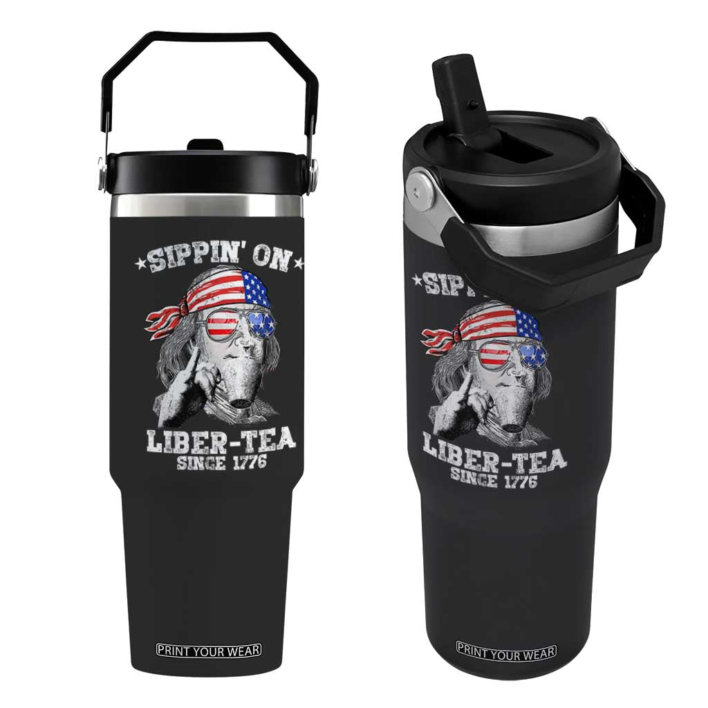 Funny 4th Of July Flip Straw Tumbler Sippin On Liber Tea Liberty Ben Franklin 1776 USA Flag TS10 One Size: 30 oz Black Print Your Wear
