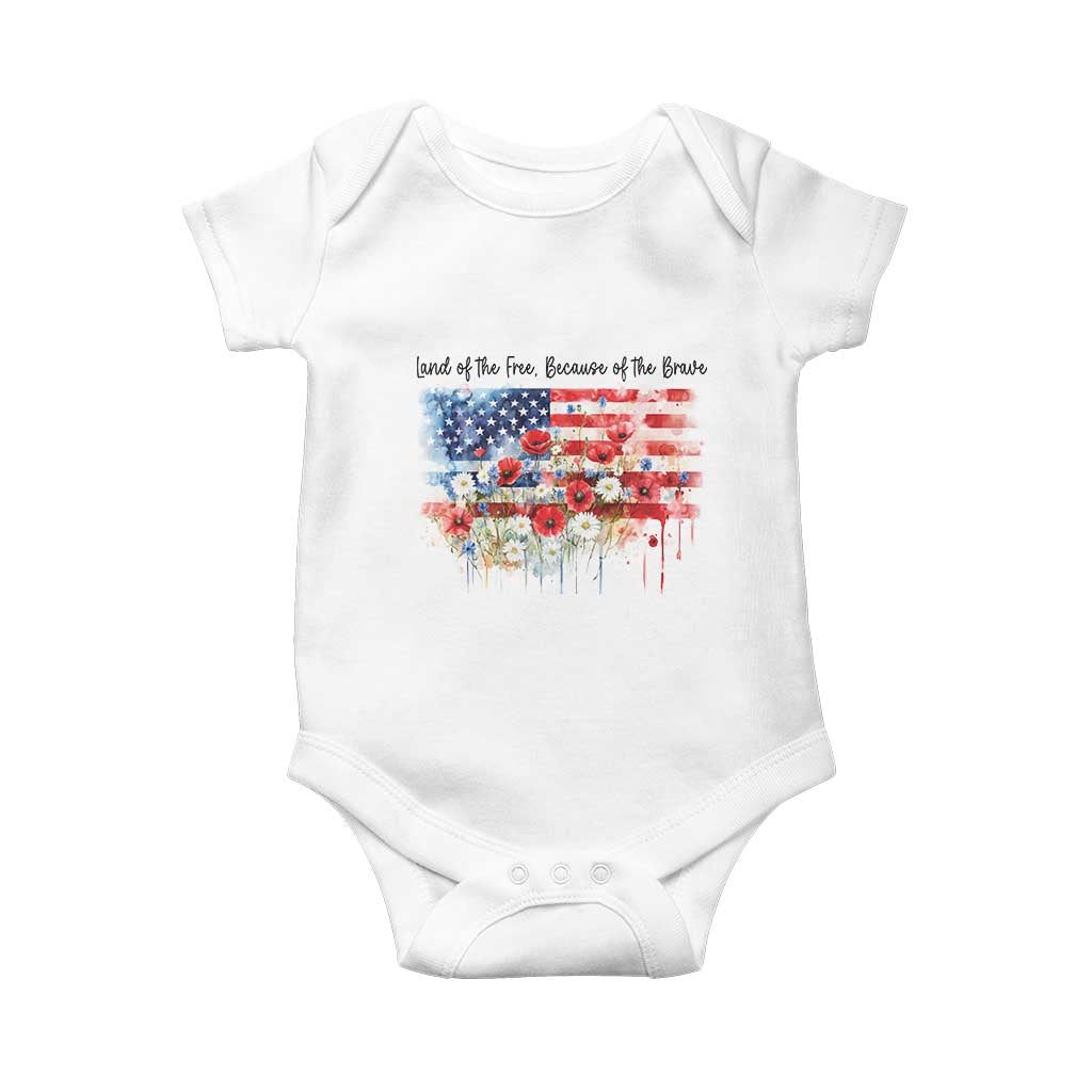 Funny 4th Of July Land Of The Free Because Of The Brave Baby Onesie American Flag Flowers TS11 White Print Your Wear