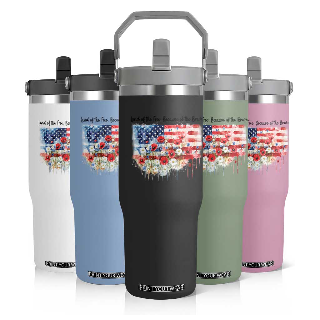 Funny 4th Of July Land Of The Free Because Of The Brave Flip Straw Tumbler American Flag Flowers TS11 Print Your Wear