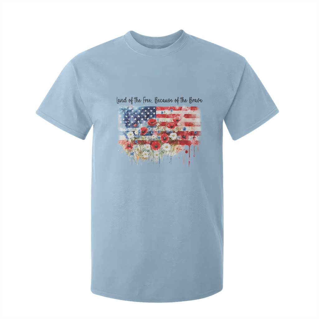 Funny 4th Of July Land Of The Free Because Of The Brave T Shirt For Kid American Flag Flowers TS11 Light Blue Print Your Wear