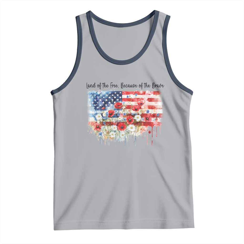 Funny 4th Of July Land Of The Free Because Of The Brave Tank Top American Flag Flowers TS11 Athletic Heather Navy Print Your Wear